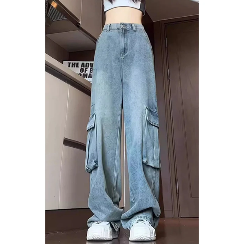 Calça cargo jeans lavada feminina, bolsos grandes, cintura alta, azul, americana, vintage, hiphop, solta, jazz, dança