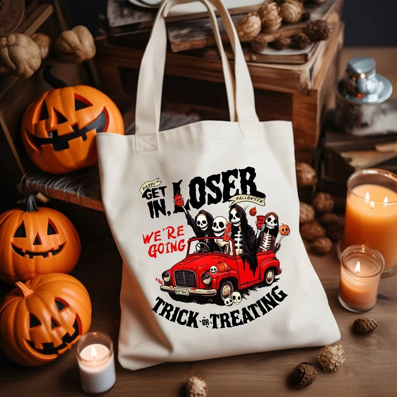 

Halloween White Black Canvas Tote Bag Spooky Shoulder Bag with 'Get in Losers' Trick or Treat Holiday Party Decoration Supplies