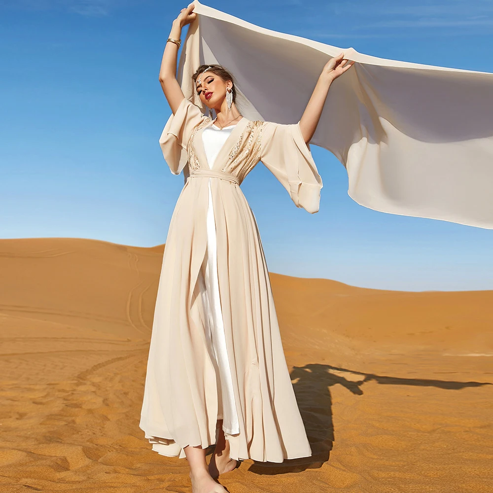 Imagem -02 - Mulher Muçulmana Quimono Fora Branco Abaya Chiffon Roupas Novo em Conjunto de Correspondência Peça Khimar Islâmico Maxi Vestidos Kaftan Ramadan Vestido