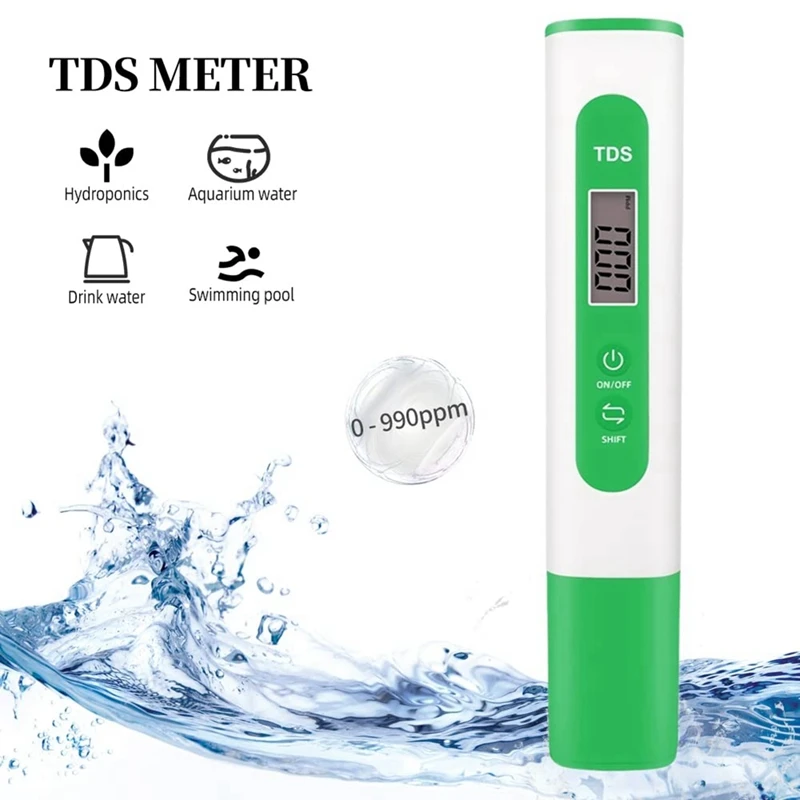 Medidor Digital de calidad del agua, medidor de TDS de plástico de 1 piezas, rango de medición de 0-999 Ppm, incrementos de 1 Ppm, precisión de lectura de 2%