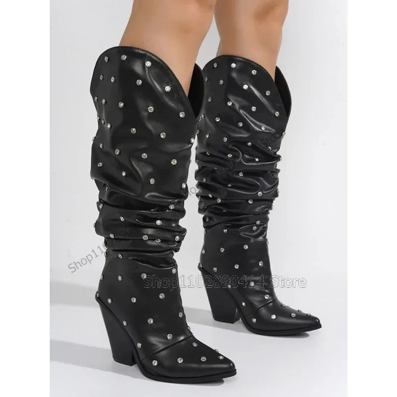 

Crystal Decor Pleated Design Black Pointed Toe Boots Slip On Women Shoes Chunky High Heels Novel Party 2023 Zapatos Para Mujere