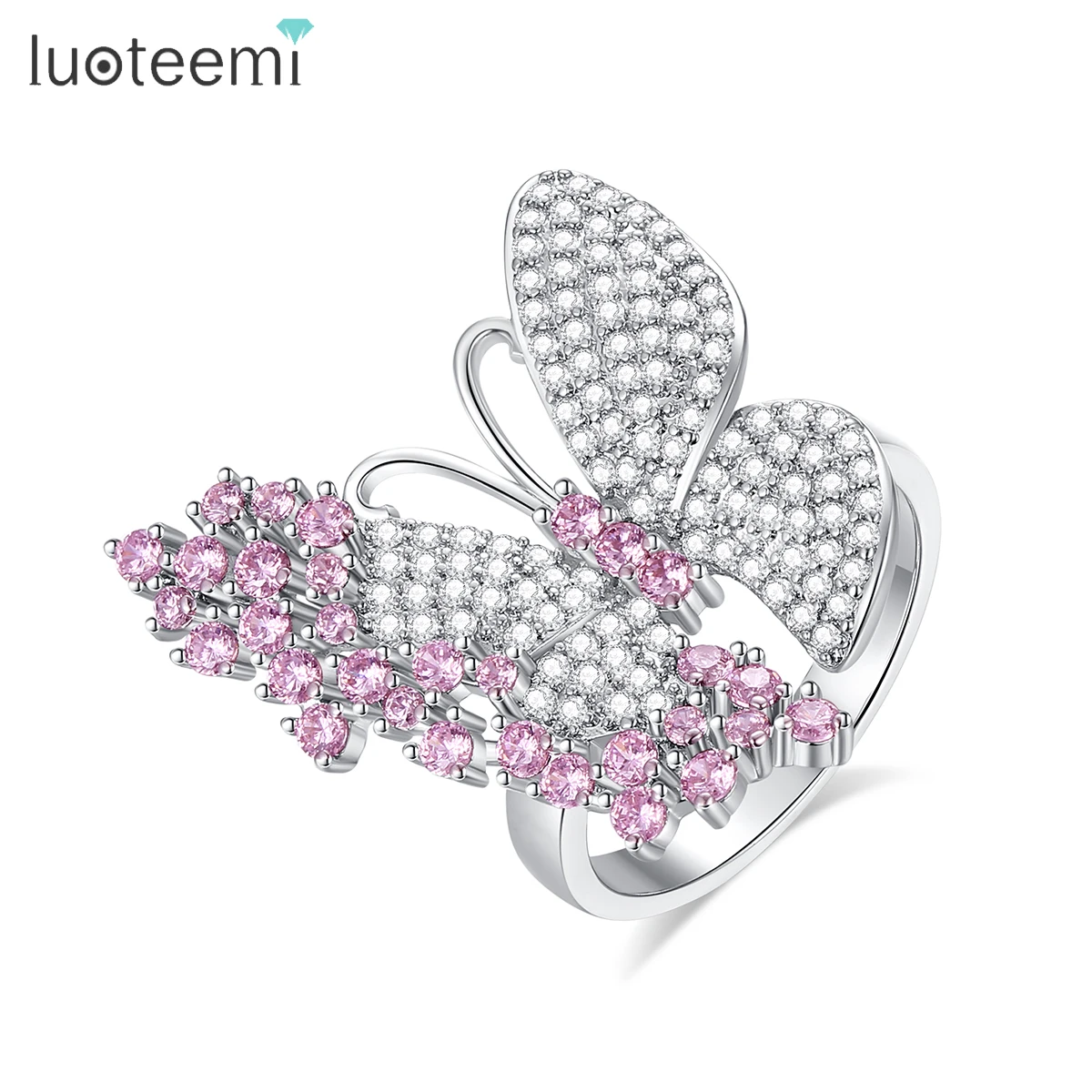 LUOTEEMI Pink Butterfly Adjustable Medium Size Sweet Ring for Girls Shine Cubic Zirconia Cute Party Birthday Gifts Wedding Ring