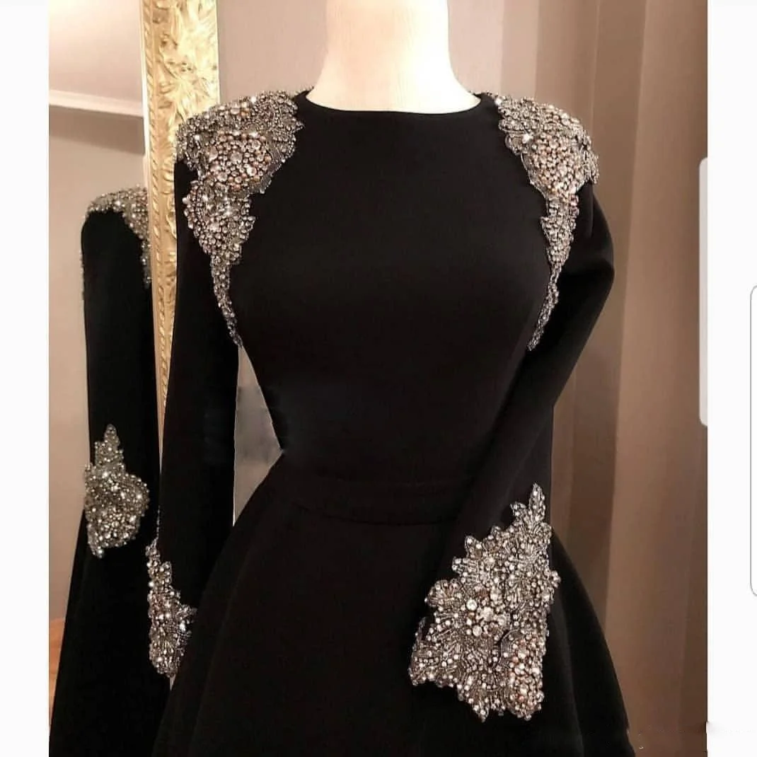 Elegant Black Long Sleeve Round Neck Party Dress Satin Crystal Diamante A-Line Dresses Women\'s Cocktail Dresses Knee Length