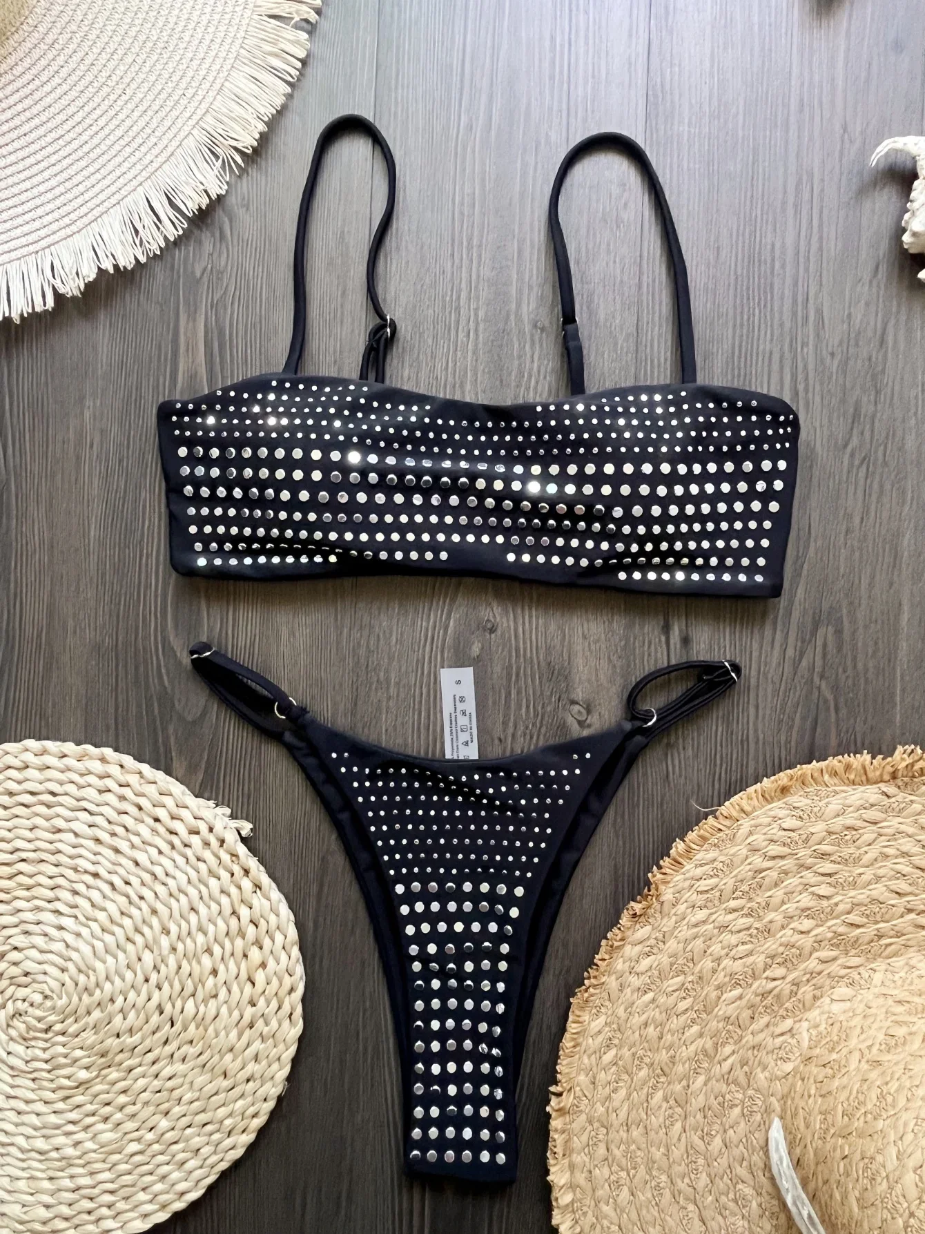 

Black Rhinestone Bandeau Bikini Set Women High Cut Brazilian Thong Swimsuit 2026 New Two Piece Bathing Suit Beach Swimwear
