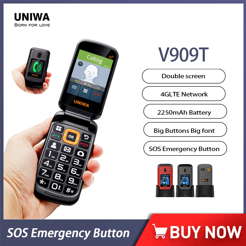 Unwa v909t 4g flip phone 2.8 Polegada tela dupla recurso telefone grande botão de pressão telefone para idosos clamshell celular à venda