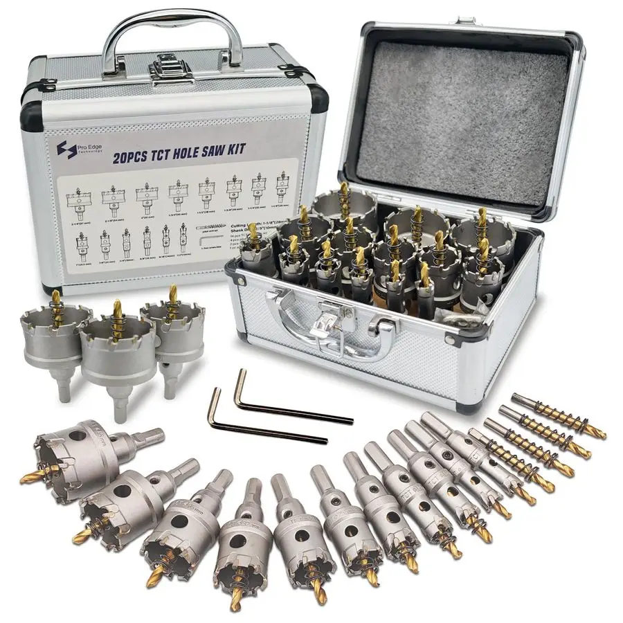 

Edge 20pcs Carbide Hole Saw Kit for Hard Metal, TCT 1 221 4 Hole Cutter Set for Stainless Steel, Iron, Alloy, Aluminum, with Two