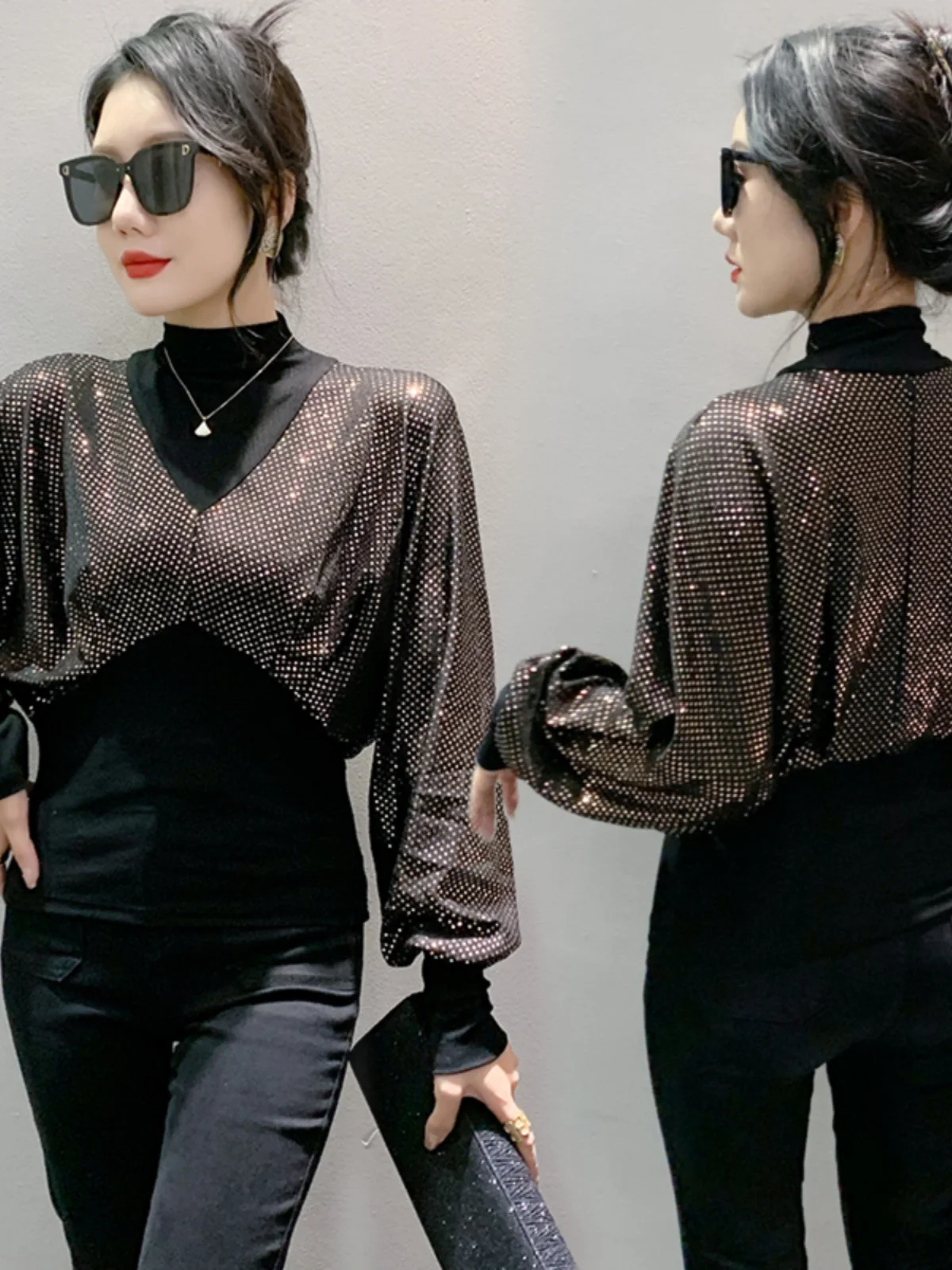 Autunno mezzo dolcevita manica lunga T Shirt paillettes impiombato T-Shirt moda donna pipistrello manica intera top BH9750