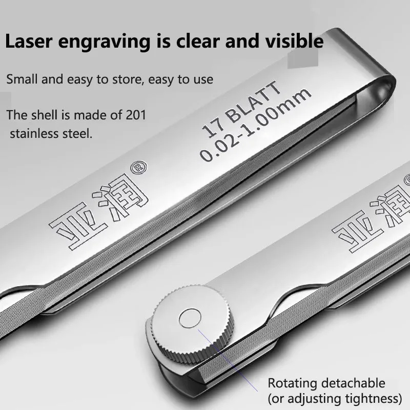 Zestaw szczelinomierzy Yarun ze stali nierdzewnej, specyfikacja 0,02-5,0 mm, narzędzie do pomiaru szczeliny zaworów w samochodach.