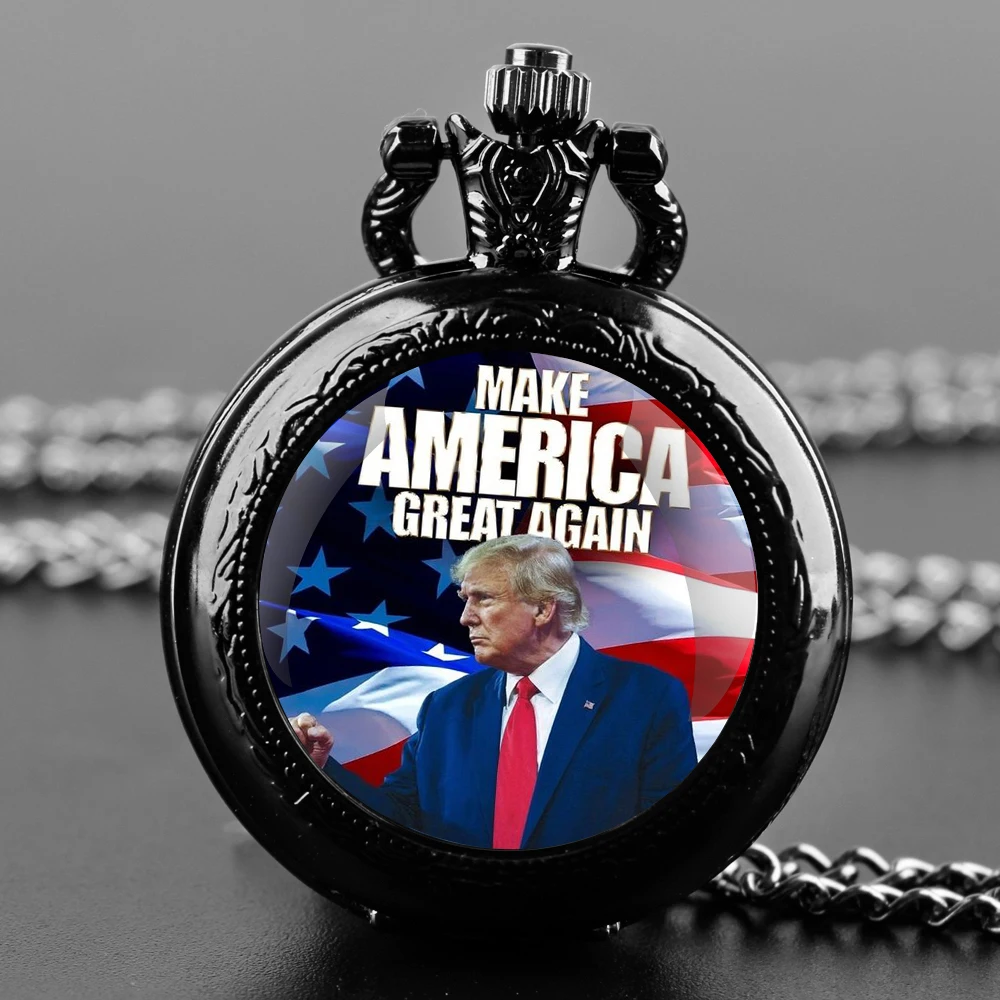 Trump Victory 2024 Design Glass Dome Quartz Pocket Watch with Durable Chain Arabic Numeral Dial for Men and Women Creative Gifts