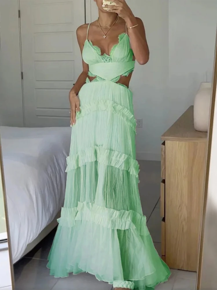 Women Sundress Hollow Out Lace Splice A Line Beach Dresses V Neck Leaky Waist Folds Gown Elegant Long Vestidos Sleeveless