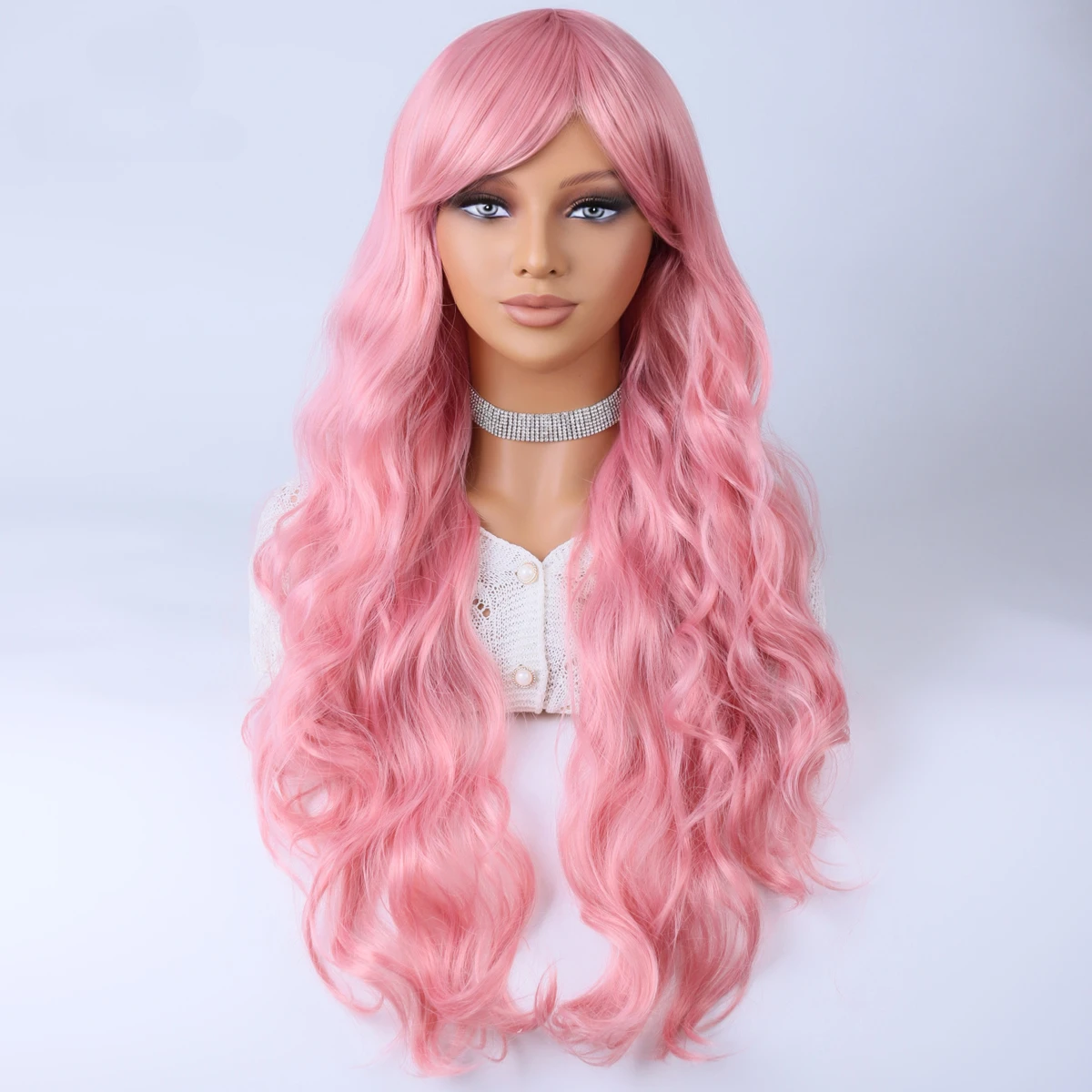 

Pink diagonal bangs short curly wavy women natural synthetic curly Heat resistant fiber wig for daily Cosplay