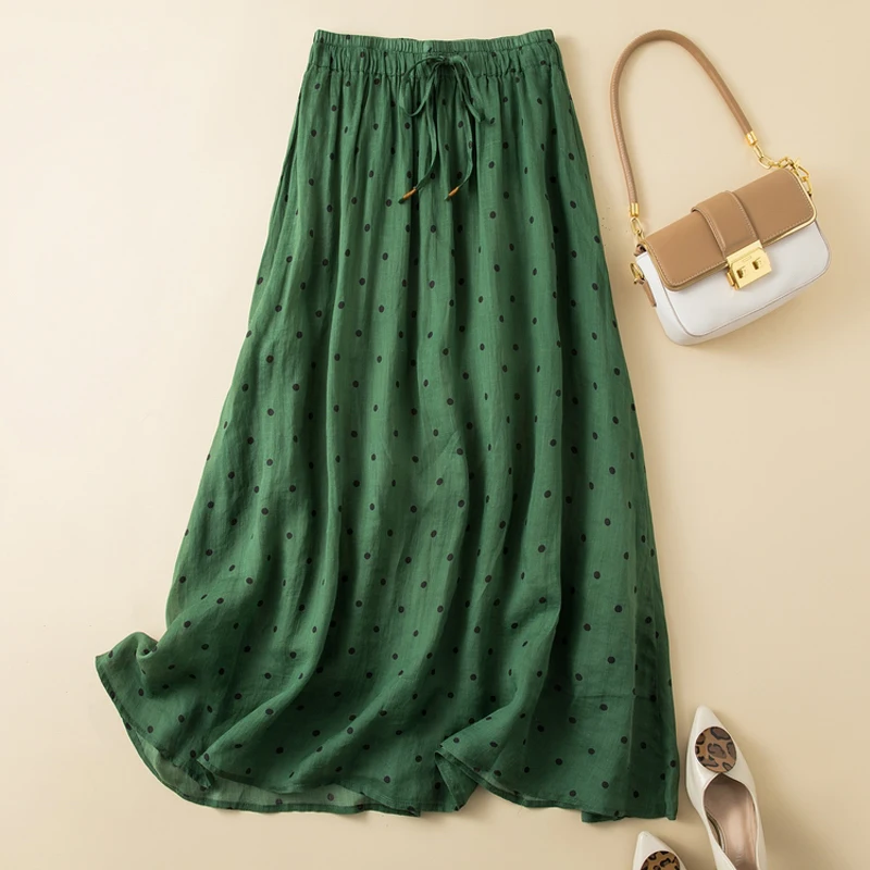 

Летняя длинная юбка из хлопка и льна с принтом Ne, женская винтажная юбка-миди трапециевидной формы в горошек, модная повседневная юбка