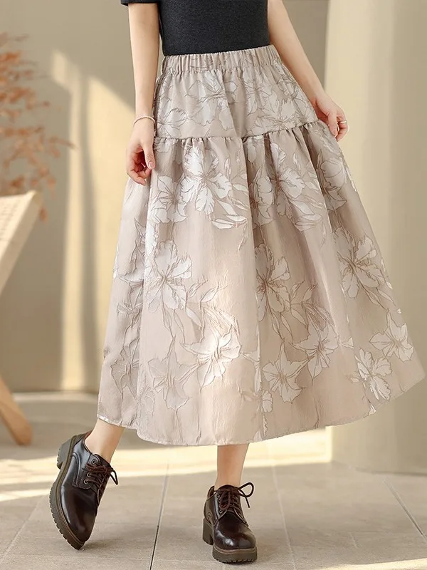 กระโปรงทรงเอพองเอวสูงลายดอกไม้สไตล์ศิลปะลำลองอเนกประสงค์สำหรับผู้หญิงไซส์ใหญ่ ฤดูใบไม้ผลิ 2026