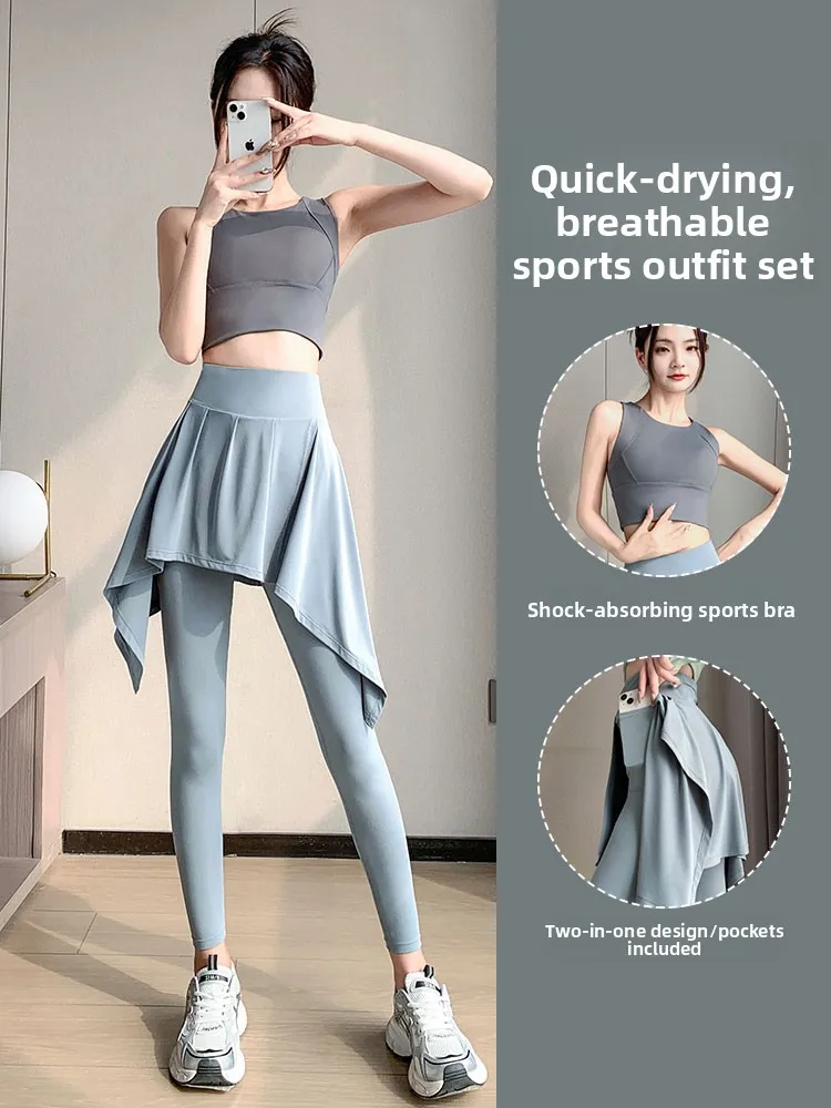 Famoso conjunto de roupas esportivas yoga feminino qui seco ginásio correndo pilates badminton saia calças longo sve redondo ne colete topo