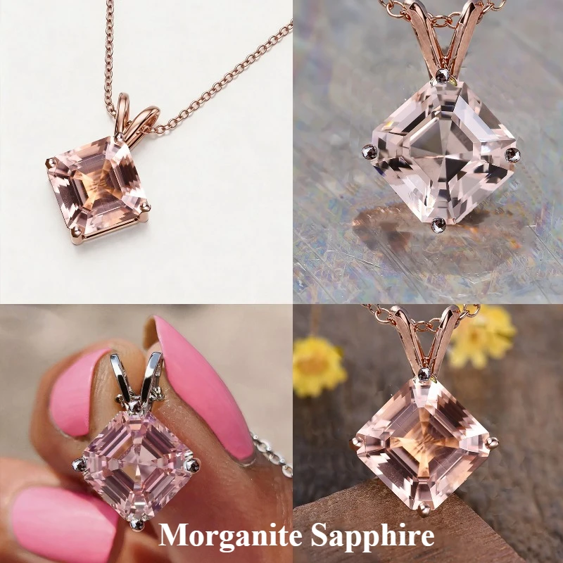 100% sapphire morganite color 925 silvery Vintage Elegant asscher cut shape Pendant Necklace for Teenager,vvs1 18k gold plated