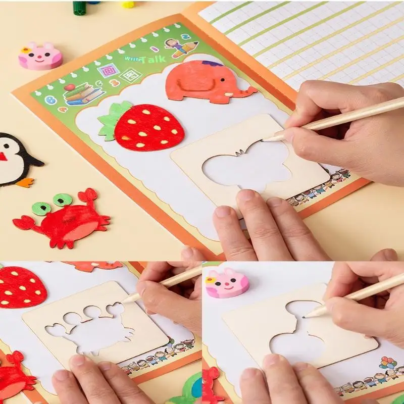 60pcs Montessori Kids Painting Toys Toddler Doodle Educational Toys Wooden DIY Painting Stencils Jigsaw Puzzle Educational Toy