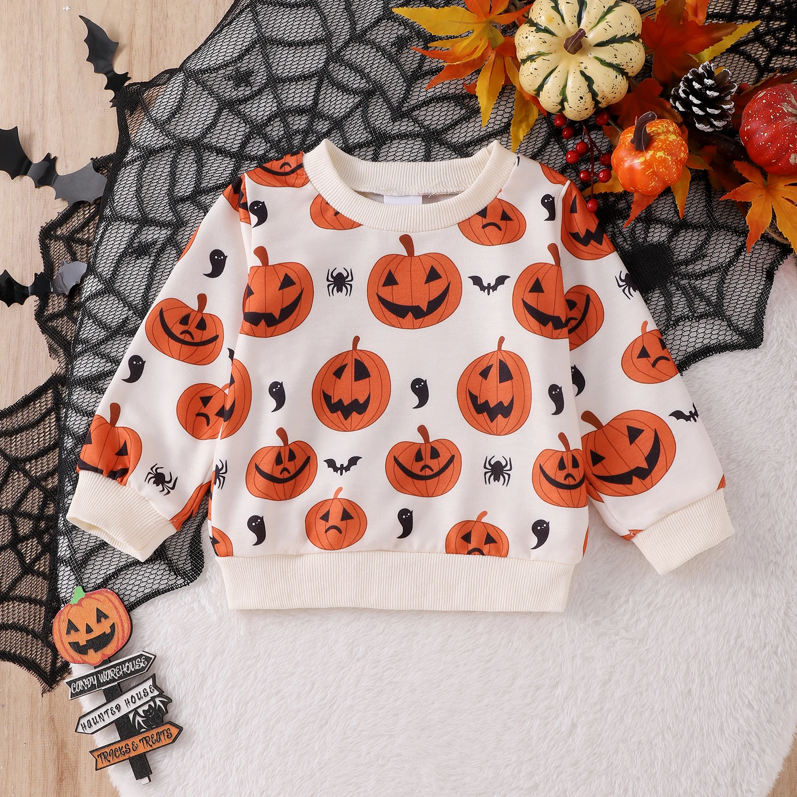 BeQeuewll Baby Boy Girl Halloween Costumes Fall Casual Children Outfits Pumpkin Print Long Sleeve Pullover Pants Set Kid Clothes