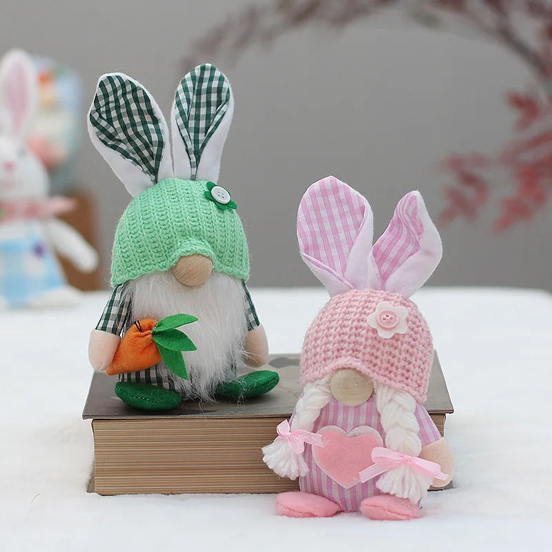 Creative decorations for Easter Festival Fabric faceless bunny couple Christmas doll knitted hat green pink decoration