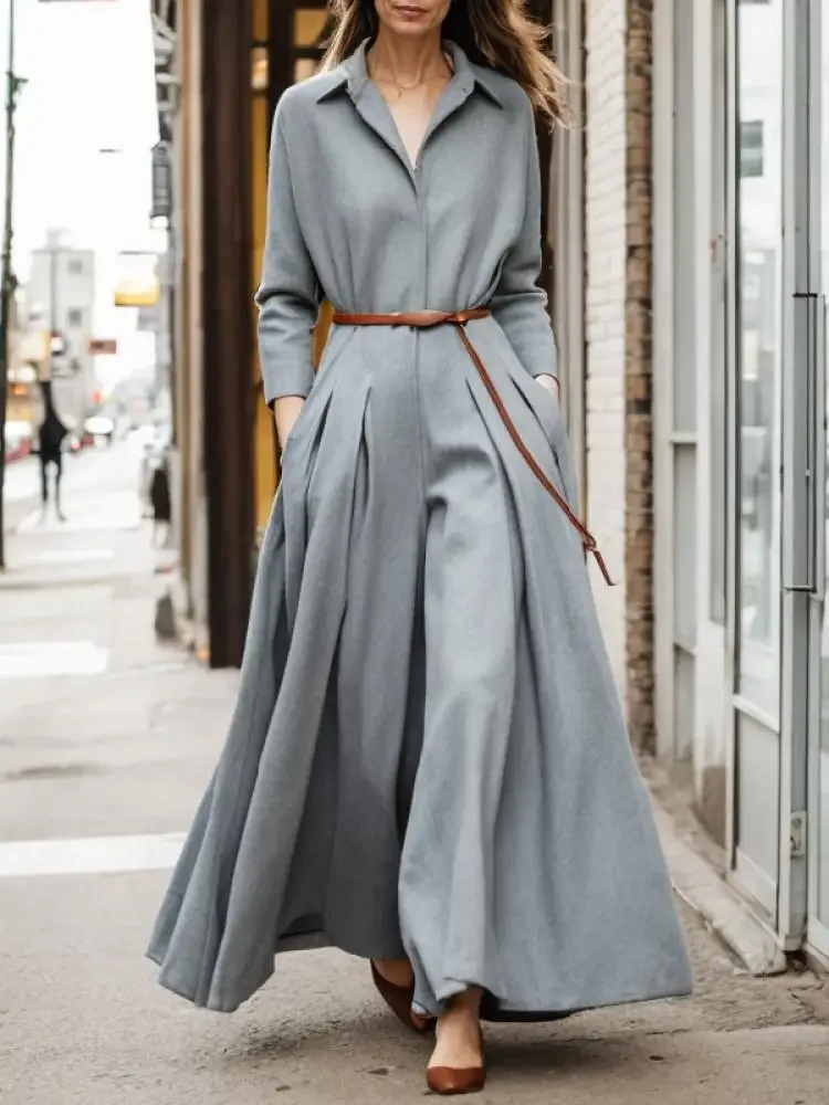 Lemongor British Style Long Sleeves Pleated Lapel Wide Leg Jumpsuits Women 2024 New Spring Autumn Casual Office Grey Jump Suits