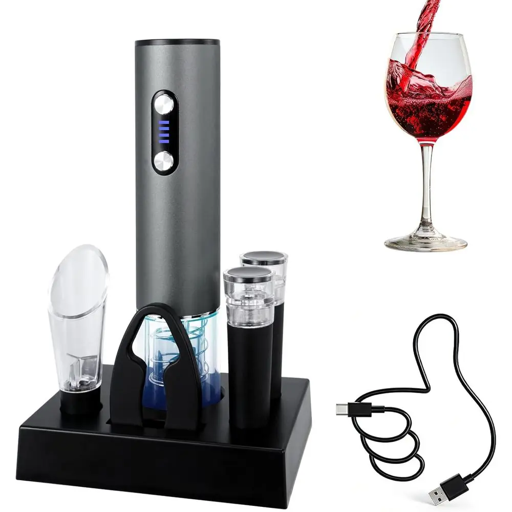 

Набор перезаряжаемых открывалок для вина с маслоразделителем, аэратором, вакуумными пробками и подставкой для хранения