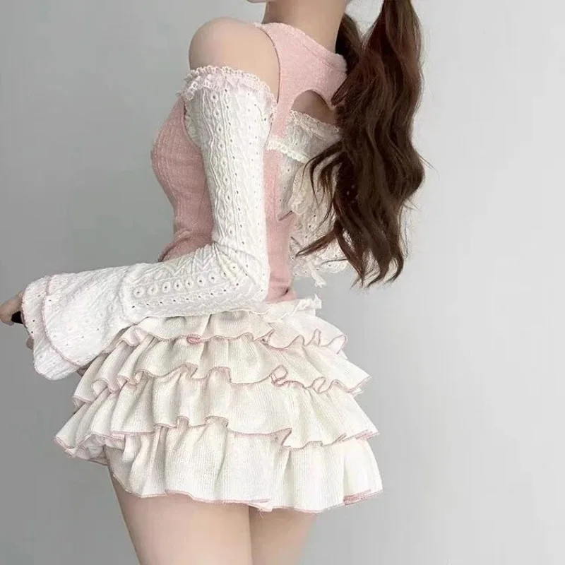 شيك النمط الياباني Kawaii الملابس 3 قطعة التنانير مجموعة النساء Bodycon سليم حتى ملابس الحفلات الخريف لوليتا الدعاوى Y2k المحاصيل القمم