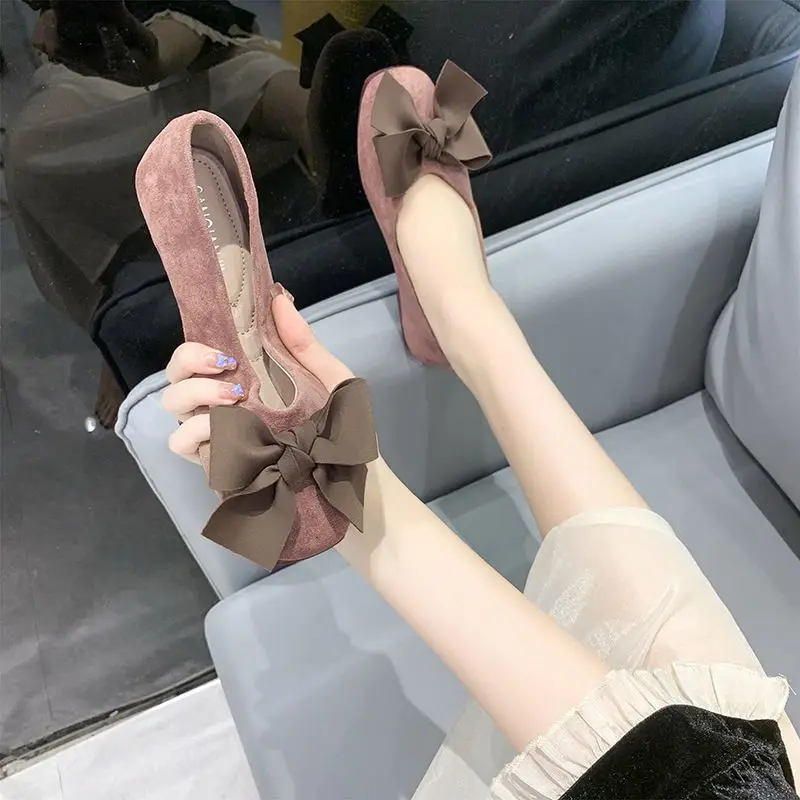 

Women Flat Shoes Square Toe Design Low Cut Summer Flats New Korean Style Sweet Large Bow Soft Sole for Job Workplace