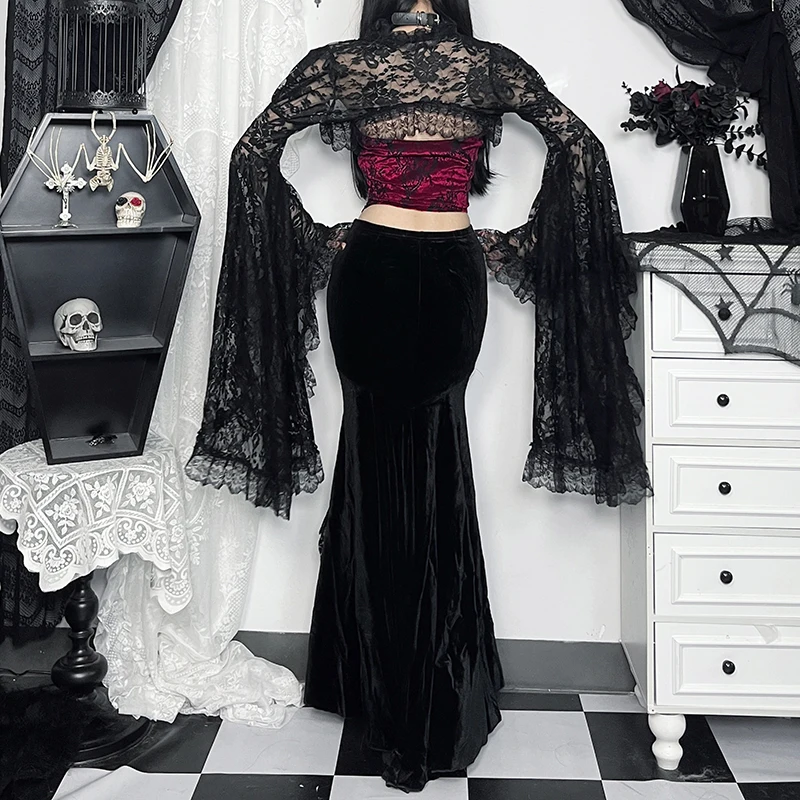 Goth Black Lace Mesh See Through Flared Sleeve Smocks Vintage Elegant Aesthetic Cover ups Women Crop Tops Autumn New Fashion