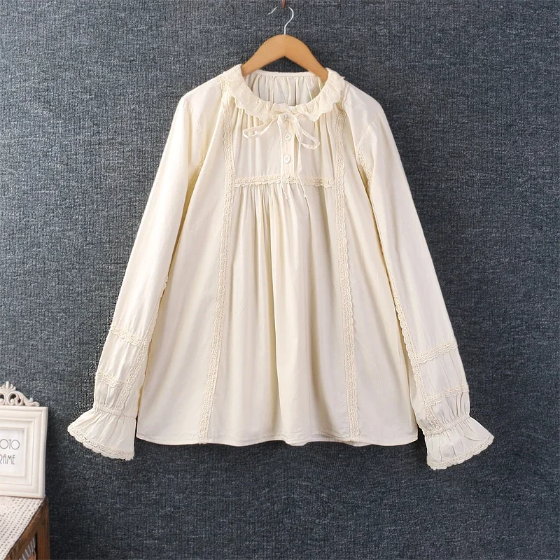 

Mori Girl Sweet Lace Embroidery Blouse for Women, Ruffles Collar, Long Sleeve, Cotton Linen Shirt, Tops, Japan Style