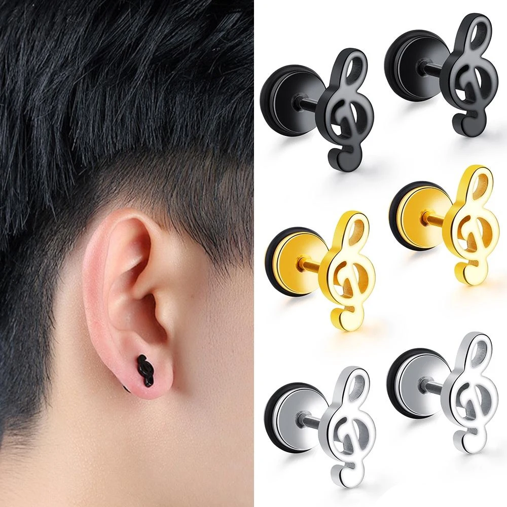 1 Pair Cute Music Guitar Symbol Stainless Steel Stud Earrings For Women men Gold /Black/steel Color Charm Punk Unisex Jewelry