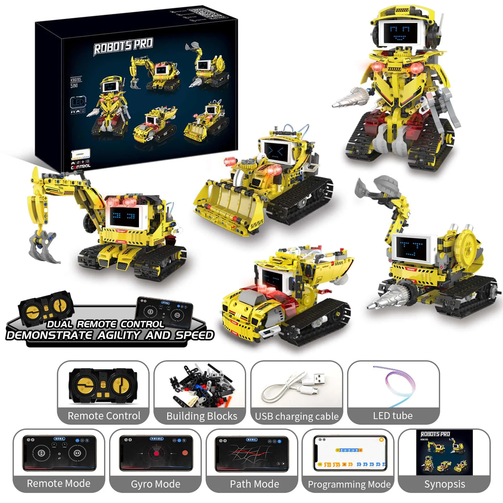 660PCS 5‑in‑1 Engineering Robot Building Kit, Bluetooth Coding STEM Toy with LED Screen & Light‑Up Parts, Xmas Gift for Kids