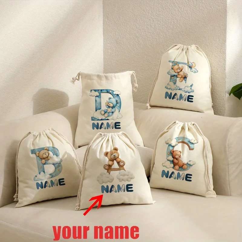 

Personalized Cloud Bear & Alphabet Print Travel Pouch - Custom Name Drawstring Storage Organizer for Hair Dryer, Jewelry
