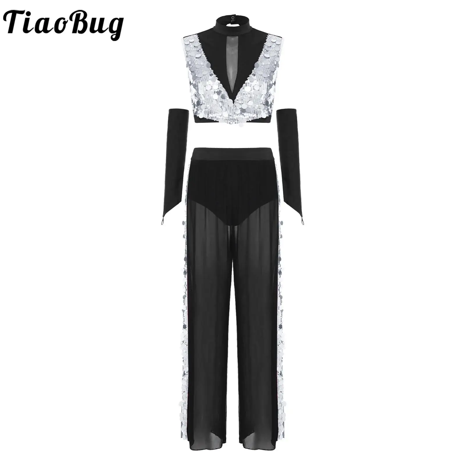

Women Lyrical Dance Outfit Sleeveless Sequined Crop Top with Gloves And Mesh Pants Dance Modern Ballet Gymnastic Performance Set
