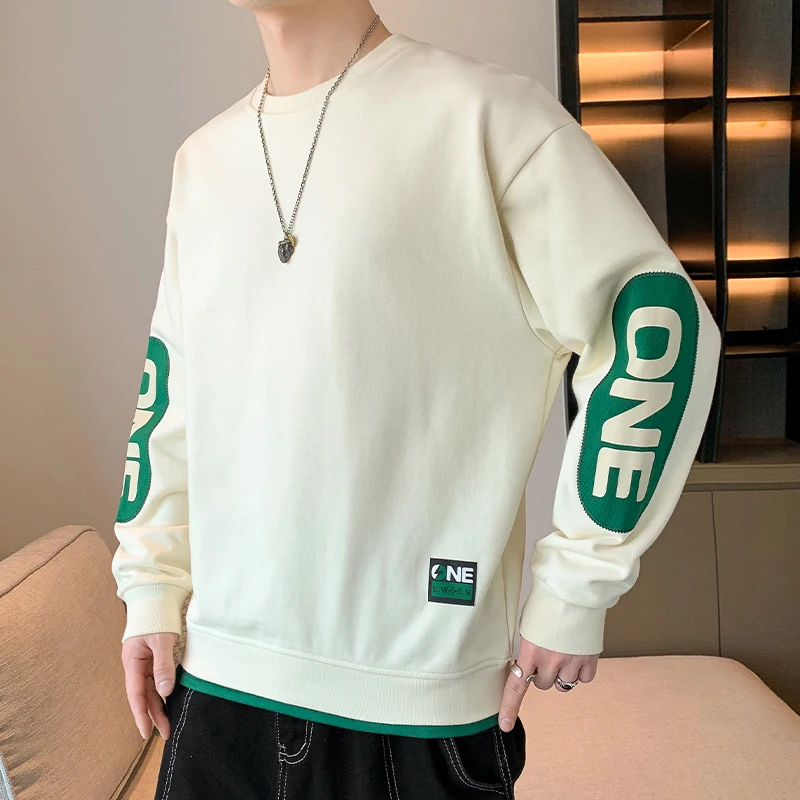 Atasan Pullover pria, warna Solid musim gugur dan musim dingin baru trendi kasual longgar leher bulat tambal sulam dicetak huruf lengan panjang Hoodie atasan