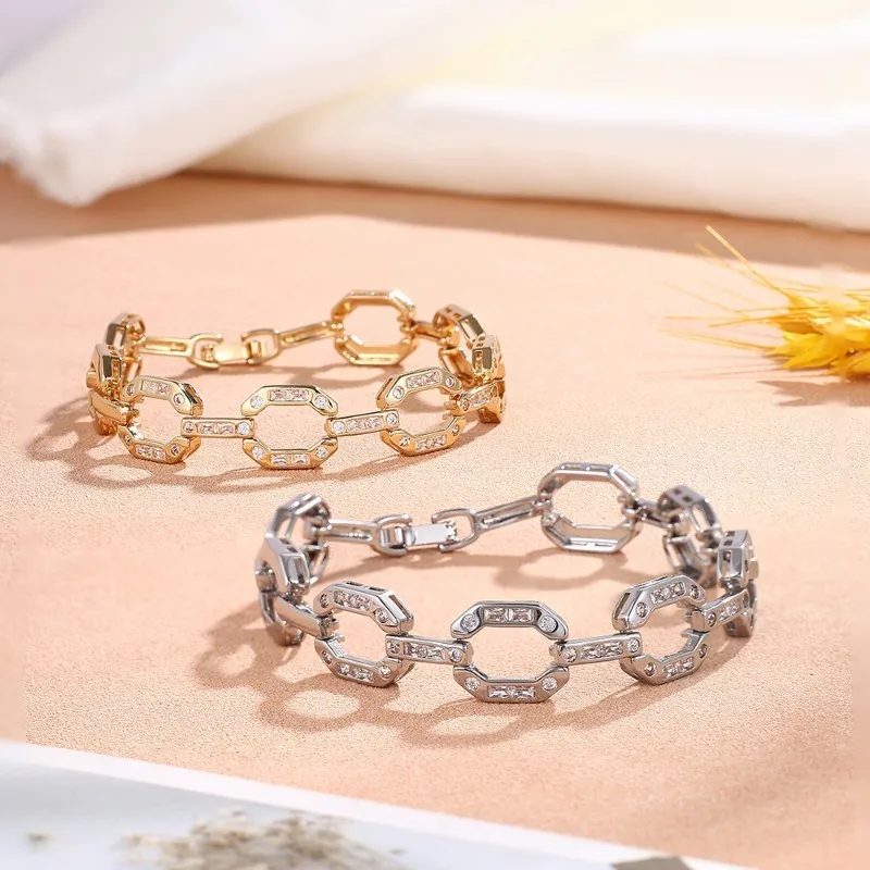 

Luxury Cubic Zirconia Bracelet Gold Silver Color Geometric Square Round Bangle Sparkling Rhinestone Jewelry For Women Party Gift