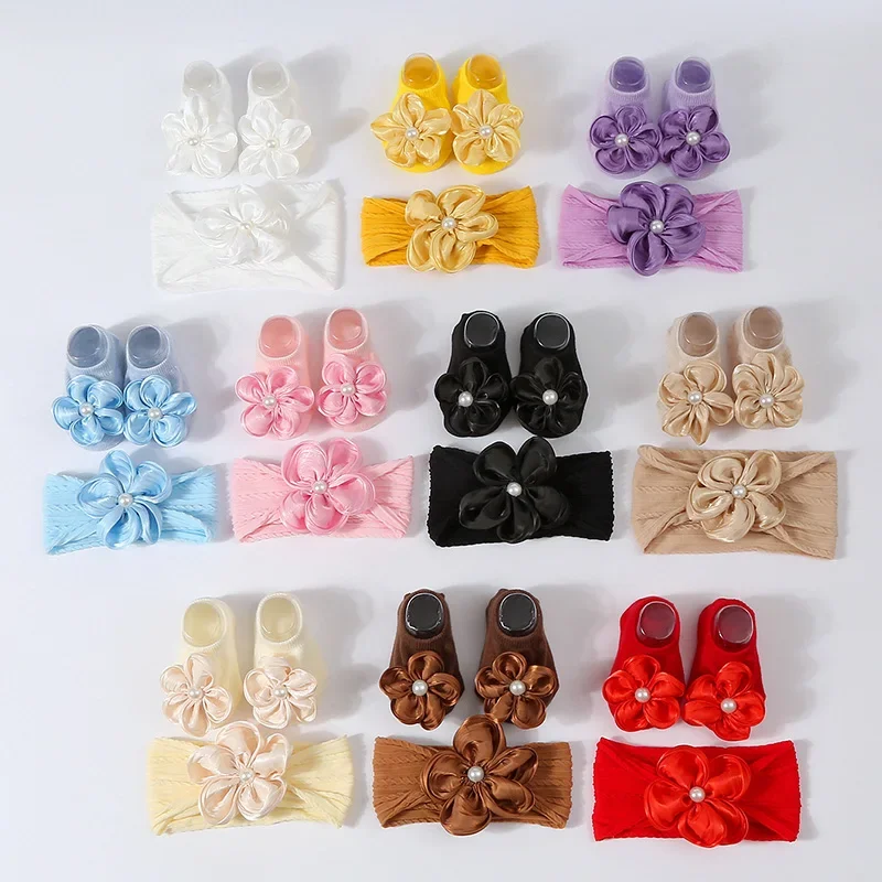 

3Pcs/set Solid Color Flower Headband Socks Cute Elastic Hair Bands for Infant Anti-slip Floor Socks Kids Girls Hair Accessory