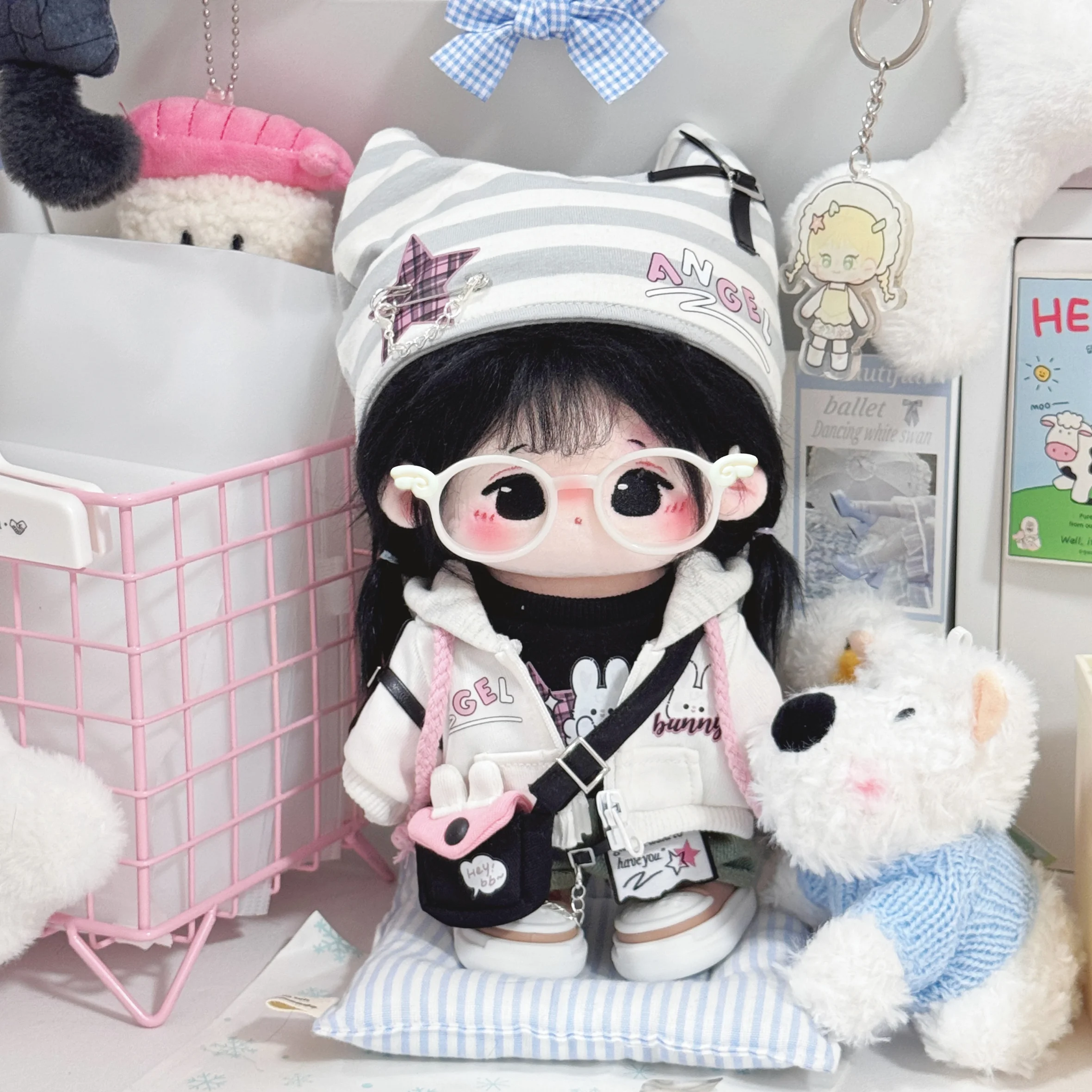 

20cm Plush Doll Clothes Handmade Sweet Cool Striped Hat Zipper Printed Hoodie Casual T-shirt Pnts Set For Doll Accessories Toy