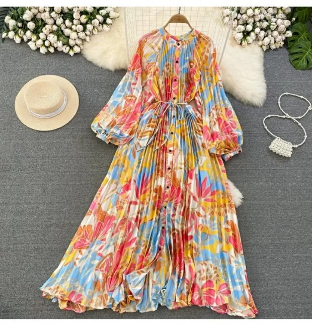 2024 Sweethug High End Elegant Lantern Long Sleeved Round Neck Single Breasted Printed Dress Elegant Long Dress