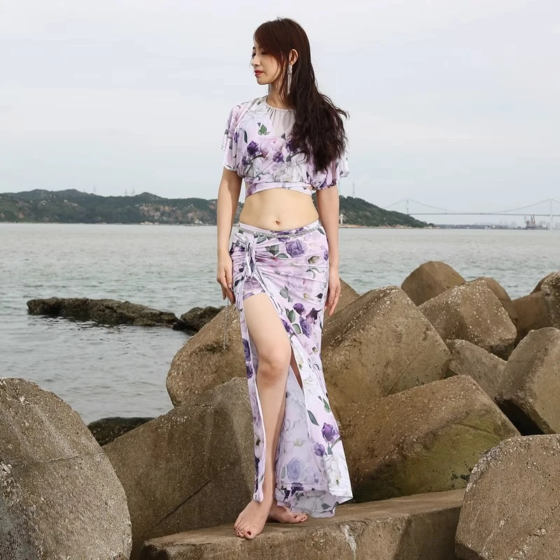 dostosowany kostium do tańca brzucha strój do ćwiczeń seksowna sukienka dla dorosłych kobiecy garnitur modne topy i spódnice z gazy wodnej