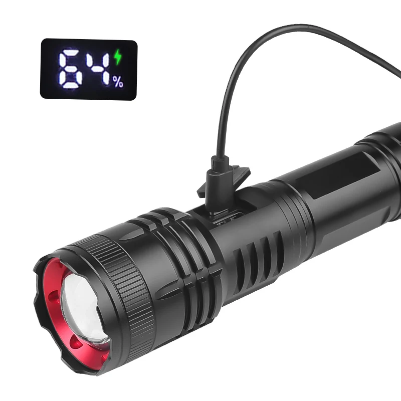 LED Long Throw Zoomable Flashlight Upgraded with Digital Power Display & Output Function, XHP70 High Brightness Flashlight