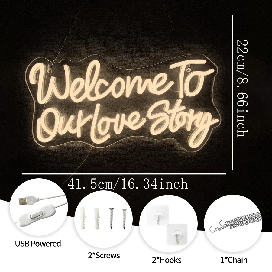 Welcome To Our Love Story Led Neon Sign, Warm White Letter Icon, Bedroom, Proposal Party, Wedding Decor, Valentine'S Day Gift.
