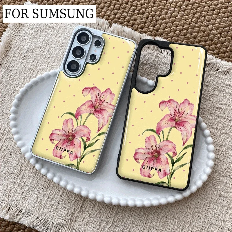 ins Lily Print and Polka Dots Epoxy Phone Case Anti-drop  FOR Samsung Galaxy 23/24/25/26 PLus FE ULTRA EDGE