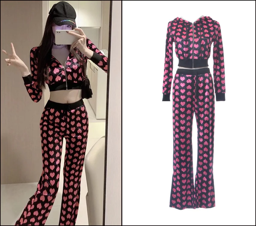 

Young Looking High Collar Heart Print Sweatshirt And Casual Pants Two Piece Set Comfortable Cotton Sportswear for Women