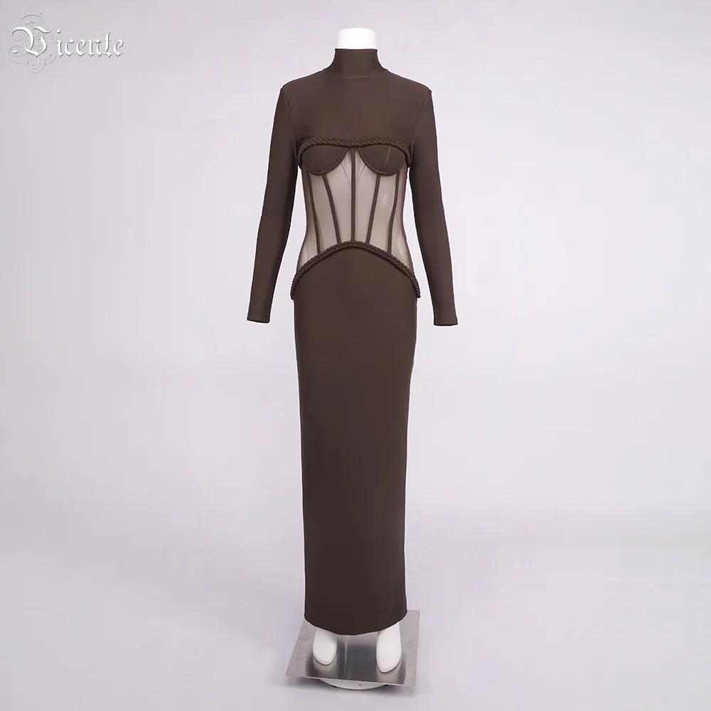 VC 파티 이브닝 ​​가운을 위한 쉬어 메쉬 코르셋 액센트가 있는 세련된 브라운 하이넥 긴 소매 드레스