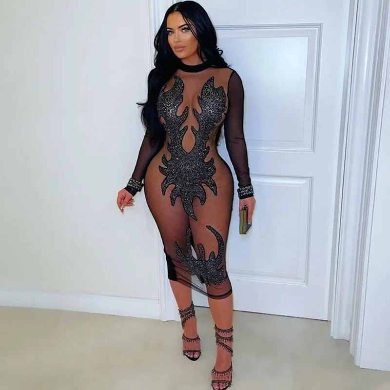 

Doyerl сетчатое прозрачное платье с длинными рукавами женское сексуальное Rave Night Out вечерние лоскутное облегающее платье миди клубная одежда день рождения