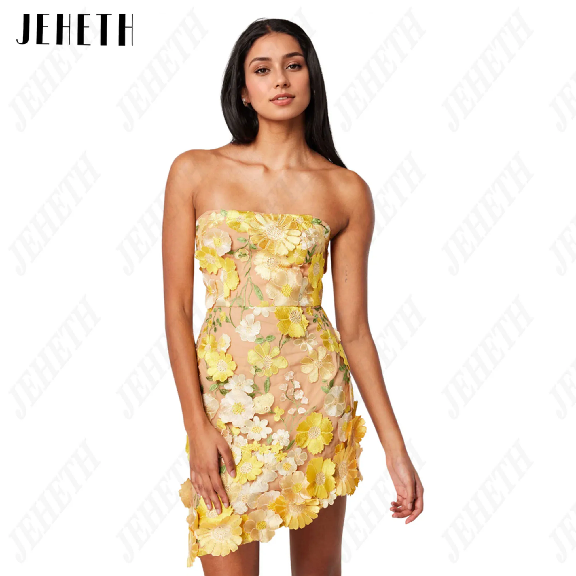 JEHETH 3D Flowers Mini Prom Dress Sleeveless Mermaid Embroidery Strapless Vestidos De Festa Floral Print Short Party Gowns 2024