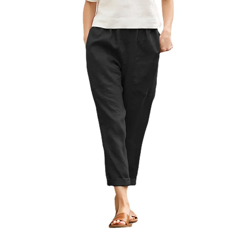 Damenhose aus Baumwolle und Leinen, einfarbig, atmungsaktiv, leicht, elastische Taille, modisch, schlichter Stil, lässige Hose mit geradem Bein – Detail 12