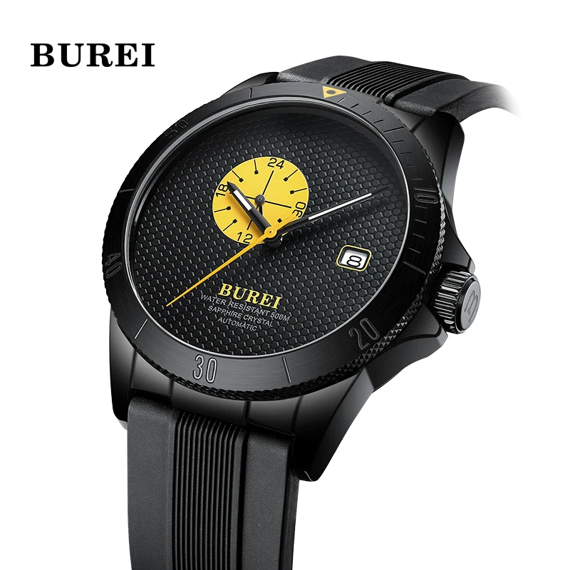 キャブレター-男性用自動機械式ダイバー時計、黄色の槌で打たれたゴムバンド、ヴィンテージサファイア、42mm、500m、新しい