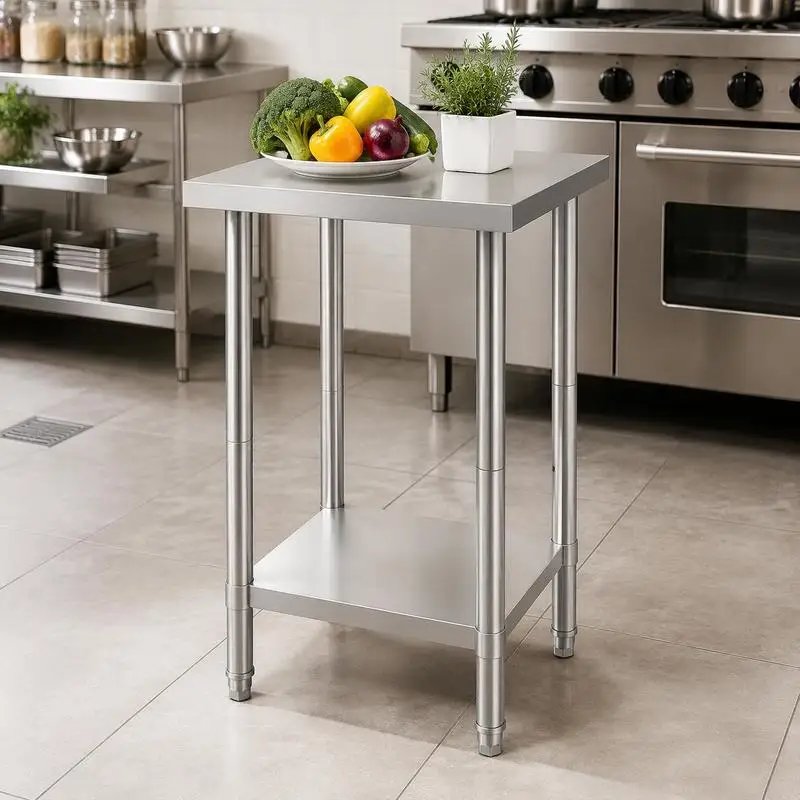 Table de préparation en acier inoxydable, table de travail robuste en métal avec 3 niveaux de hauteur réglables, poste de travail commercial pour cuisine, garage, restaurant, cour arrière 610 x 610 x 864 mm