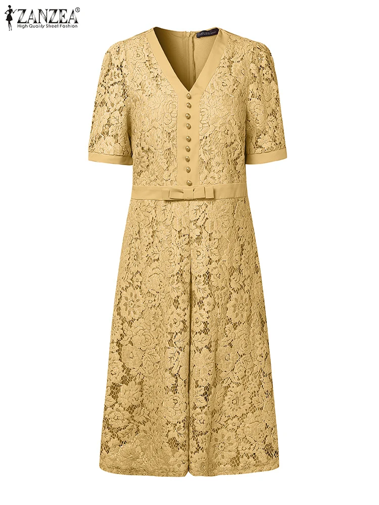 ZANZEA Elegant Womens Vestidos Openwork ลูกไม้ V คอเอวสั้นพัฟแขนเสื้อ Robes Femme Patchwork แฟชั่นชุด Midi