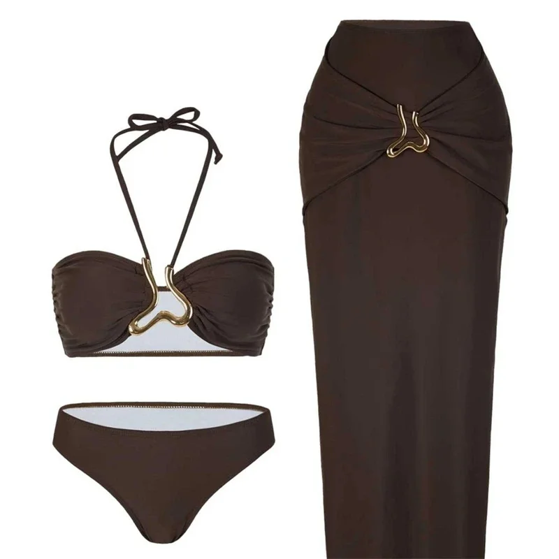 Summer Solid Color 3Piece Bikini Set Stylish Women's Strappy Bandeau Swimsuit Metallic-Button Cover-Up Maxi Skirt Beach Swimsuit